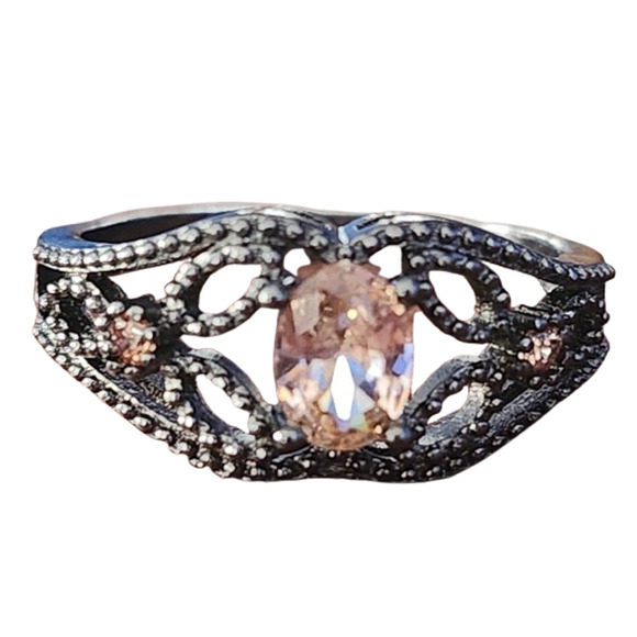 Pink Filigree Rhodium Ring Size 10 - Picture 1 of 4